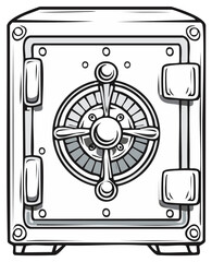 Cartoon styled secure metal safe with a dial lock mechanism for storing money and valuables.