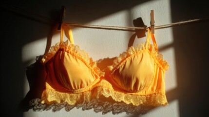 A golden bikini hanging on a clothesline, illuminated by sunlight, showcasing its vibrant color and delicate lace details. The fabric glistens in the light, creating a warm and inviting atmosphere.