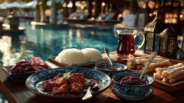 Poolside dining, various dishes
