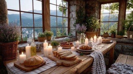 Romantic Dinner Table Set with Candles on Rustic Wooden Table Overlooking Mountainous Landscape with Warm Lighting and Stone Architecture