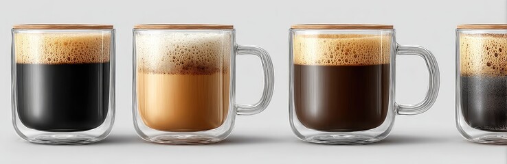Four double-walled coffee cups with different drinks