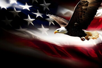 Naklejka premium Bald eagle flying over American flag.