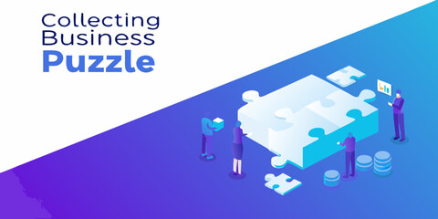 Teamwork and collaboration assembling a large business puzzle with data analysis and financial growth concepts