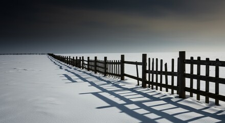 Obraz premium Serene winter landscape with rustic wooden fence stretching across snowy field