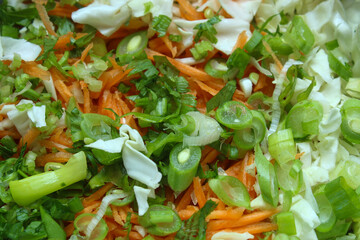 fresh vegetables that have been cut, consisting of grated carrots, chopped white cabbage, and sliced ​​spring onions
