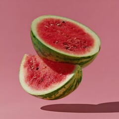 Watermelon slices, vibrant red and green, levitating against a pink backdrop