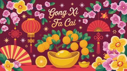 Vibrant Gong Xi Fa Cai celebration with lucky mandarin oranges, dazzling lanterns, and graceful blossom branches for Chinese New Year festivities and auspicious wishes