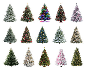 Obraz premium PNG Diverse decorated Christmas trees collection, element set on transparent background
