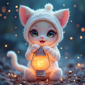 cute kitten in a knitted costume with a lantern