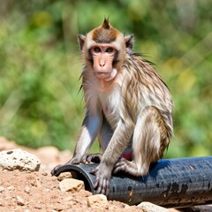 Fototapeta premium Curious monkey observing surroundings natural habitat wildlife photography sunny environment close-up view animal behavior