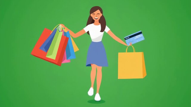 Flat vector illustration of a happy young woman carrying multiple colorful shopping bags and a credit card. Concept of shopping