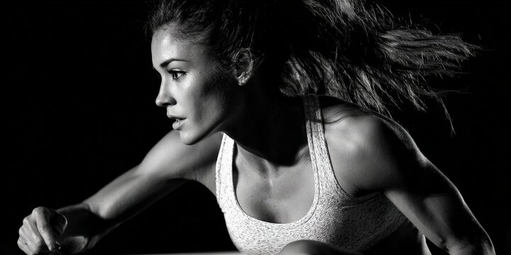 Dynamic black and white image of a female hurdler captured in mid-air during a jump, showcasing athleticism and determination in a dramatic pose. neutral background, clear negative space, clean - Powered by Adobe