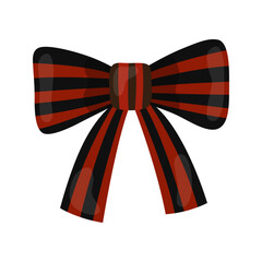 Ribbon bow for Halloween. Striped dark red and black bow, Halloween spooky decor.