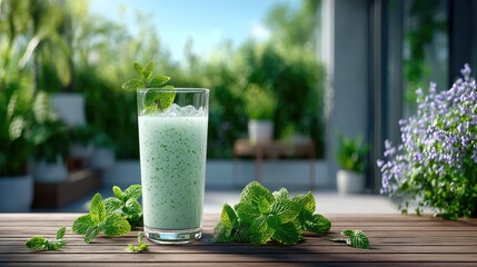 Refreshing Green Smoothie with Mint on Wooden Table in Outdoor Setting with Lush Greenery and Bright Sunlight