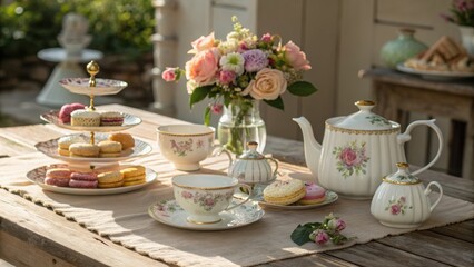 Charming afternoon tea break featuring vintage teapots, delicate pastries, and floral arrangements in cozy rustic setting with soft natural lighting
