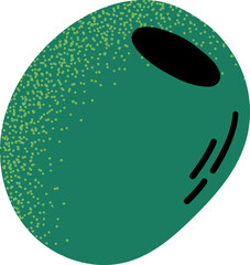 A green oval object with black eye and textured dots