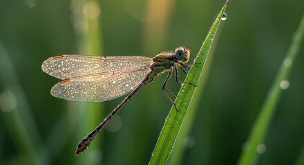 Dragonfly perched on dewy grass
