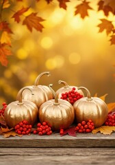 Golden Pumpkins and Vibrant Red Berries Nestled Amongst Autumn Leaves in Soft Faded Background