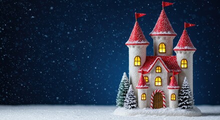 Enchanted Winter Castle with Red Flags and Snowy Surroundings Perfect for Holiday Themes and Festive Decor