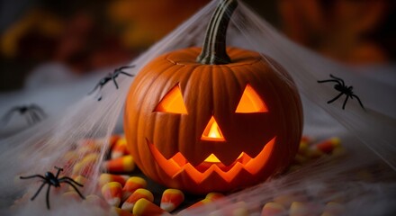 Jackolantern surrounded by spiders cobwebs and candy corn creates a Halloween scene