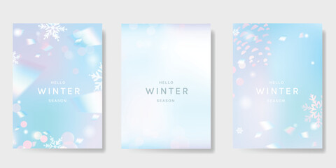 Fototapeta na wymiar Abstract blur gradient winter card background set. Minimalist poster with pine cone, snowflake. Modern fall season wallpaper design for cover, print, Christmas and New Year ads.