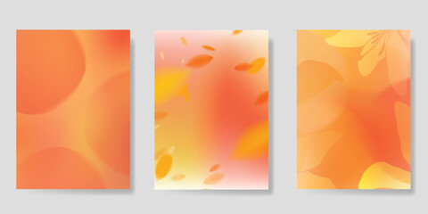 Fototapeta na wymiar Abstract blur gradient autumn card background set. Minimalist poster with flower, leaves. Modern fall season wallpaper design for home decoration, website, banner, ads. 