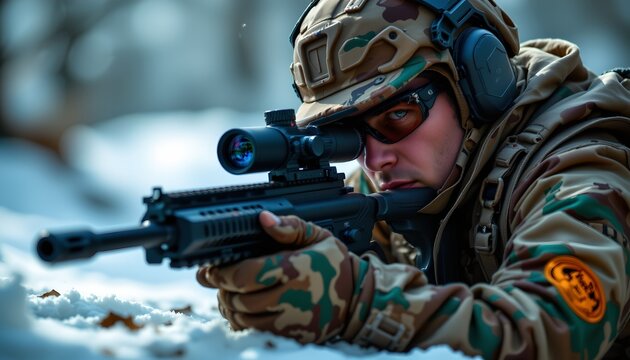A soldier in camouflage gear aiming through binoculars, with a rifle held steady nearby.