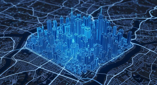 Futuristic Blue Neon Cityscape Hologram Overlay on Digital Map Grid Background Represents Smart City Technology Urban Planning Architecture and Global Connectivity - Powered by Adobe