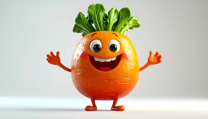 A cheerful anthropomorphic carrot character with arms outstretched, smiling broadly, and green leafy top.
