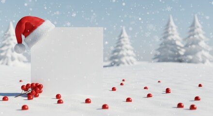 Festive Blank Canvas with Santa Hat and Red Berries in a Snowy Winter Wonderland Scene