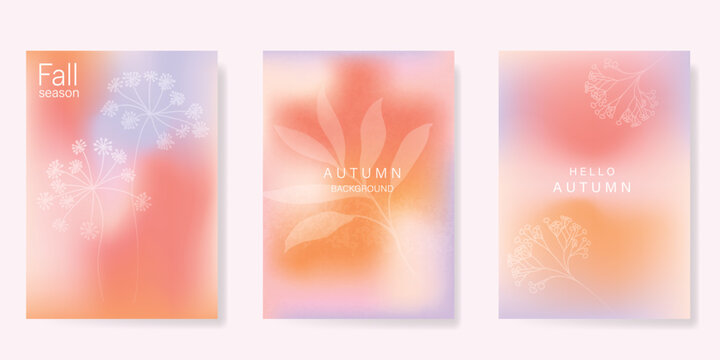 Abstract blur gradient autumn card background set. Minimalist poster with flower, leaves branch. Modern fall season wallpaper design for home decoration, website, banner, ads.