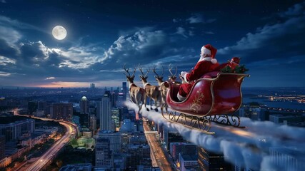 Experience the magic of Santa and his reindeer flying over a vibrant city skyline on Christmas Eve, spreading holiday cheer and wonder - Powered by Adobe