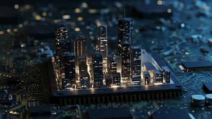 Futuristic city skyline on a computer chip, symbolizing technology and innovation. - Powered by Adobe