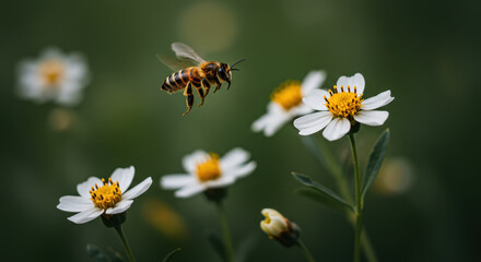 Honeybee flying among white flowers
