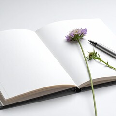 Open notebook, blank pages, purple flower, pen