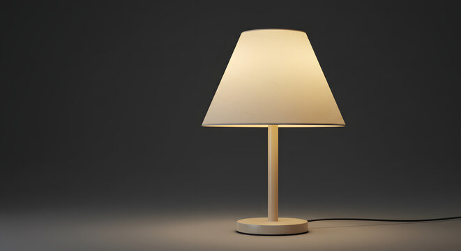 Illuminated table lamp with a white lampshade casting a soft glow in a dimly lit room, creating a cozy and inviting atmosphere