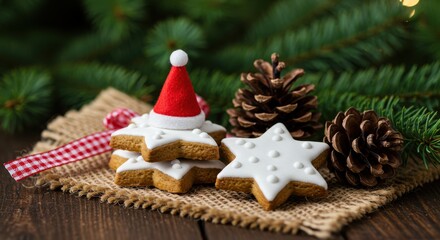 Festive Christmas Cookies Decorated with Icing and a Santa Hat on Rustic Burlap Surrounded by Pine Cones and Greenery