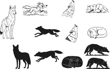 fox silhouette, fox vector, wildlife clipart, flat vector, black fox, animal silhouette, woodland mammal, nature icon, sleeping fox, running fox
