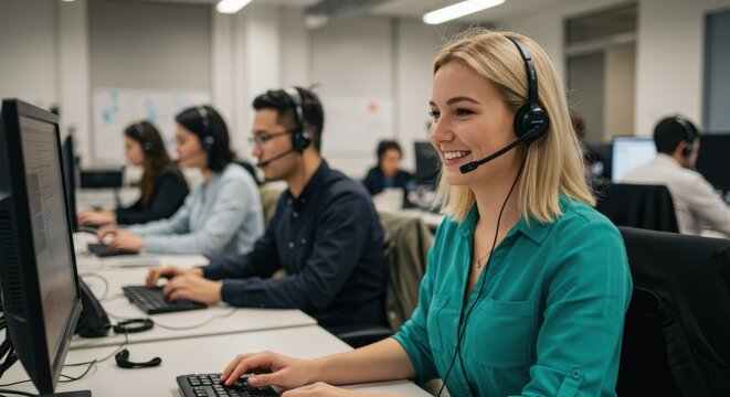 A diverse team of customer service representatives actively works at computer stations in a bright, modern office space. - Powered by Adobe