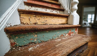 Obraz premium Old wooden stairs with peeling paint