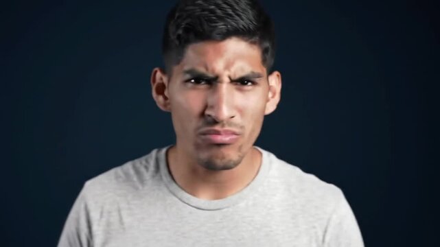 Portrait of an angry young man with a furrowed brow, expressing strong negative emotions on a dark backdrop, feeling intense anger