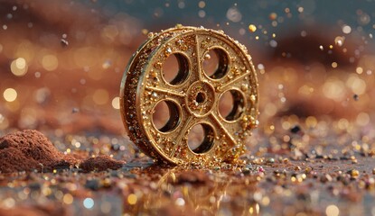 Obraz premium Golden film reel on a textured surface