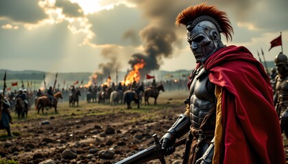 Fototapeta premium A historical figure stands amidst a battlefield, a cape draped over one shoulder, while holding a musket. Behind him are men in red capes, some on horseback and others on foot