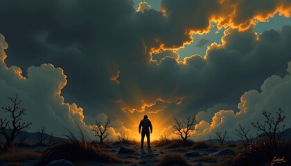 Obraz premium A solitary figure standing in an open field during what appears to be either sunrise or sunset, with the sky filled with dramatic clouds and light shining through them