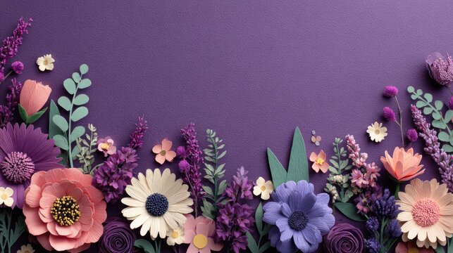 Paper flowers in shades of purple and pink, arranged in a horizontal border against a deep purple background - Powered by Adobe