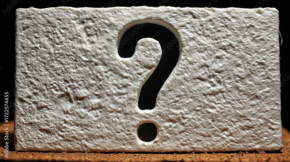 Poster textured paper question concept. concrete block with a carved question mark shape.