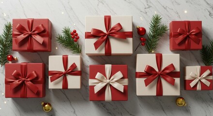 Festive Christmas Present Boxes with Ribbons on Marble Background with Pine Branches and Ornaments