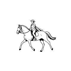 Black and white line art of a beautiful woman with perfect body riding horse elegant minimalist illustration