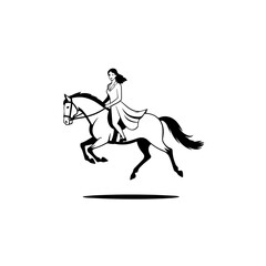 Black and white line art of a beautiful woman with perfect body riding horse elegant minimalist illustration
