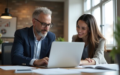 Fototapeta premium Business team of two executives working together using laptop in office. Happy young business woman manager showing project presentation to mature man client, investor or partner at work meeting.